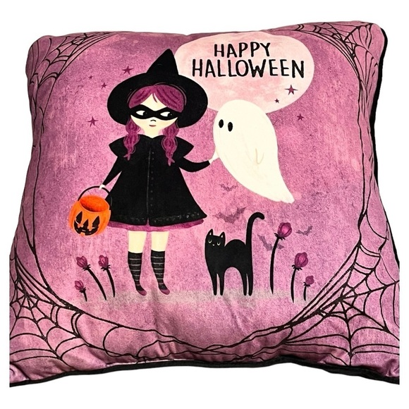 Happy Halloween pillow girl trick or treat ghost black cat spider web 12 x 12 - Picture 3 of 7